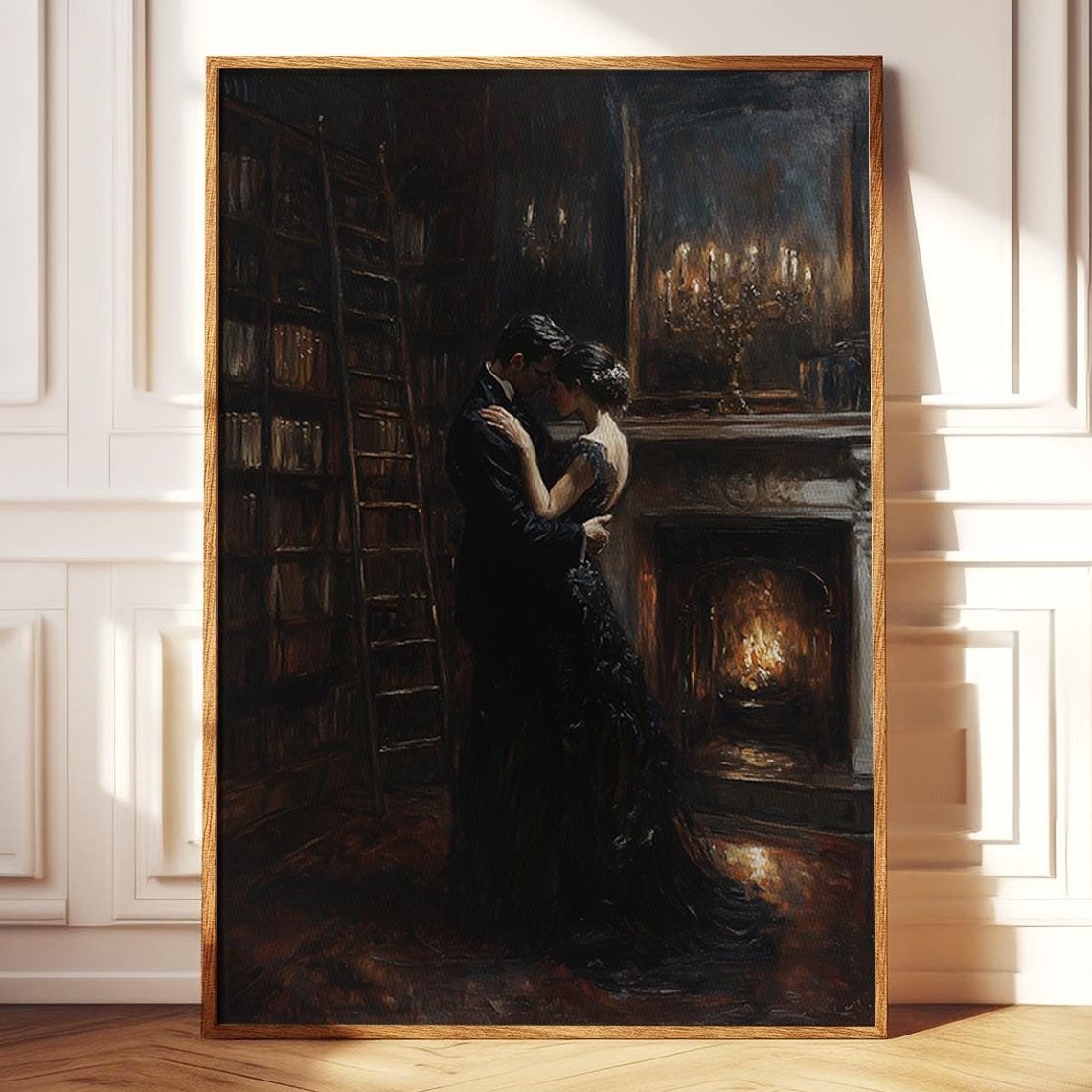 Victorian Couple Embracing by Fireplace in Candlelit Library Poster