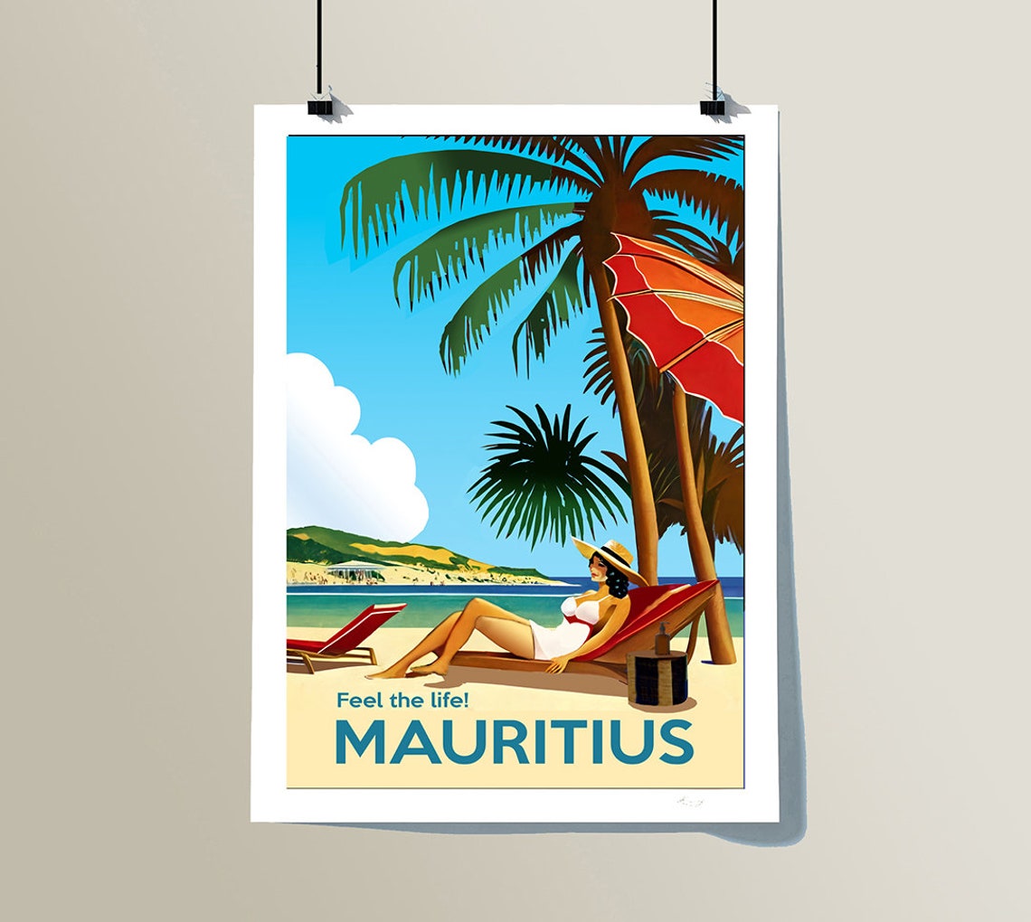 Mauritius Feel The Life Sunbathing Beach Vintage Island Travel Poster - Image 3