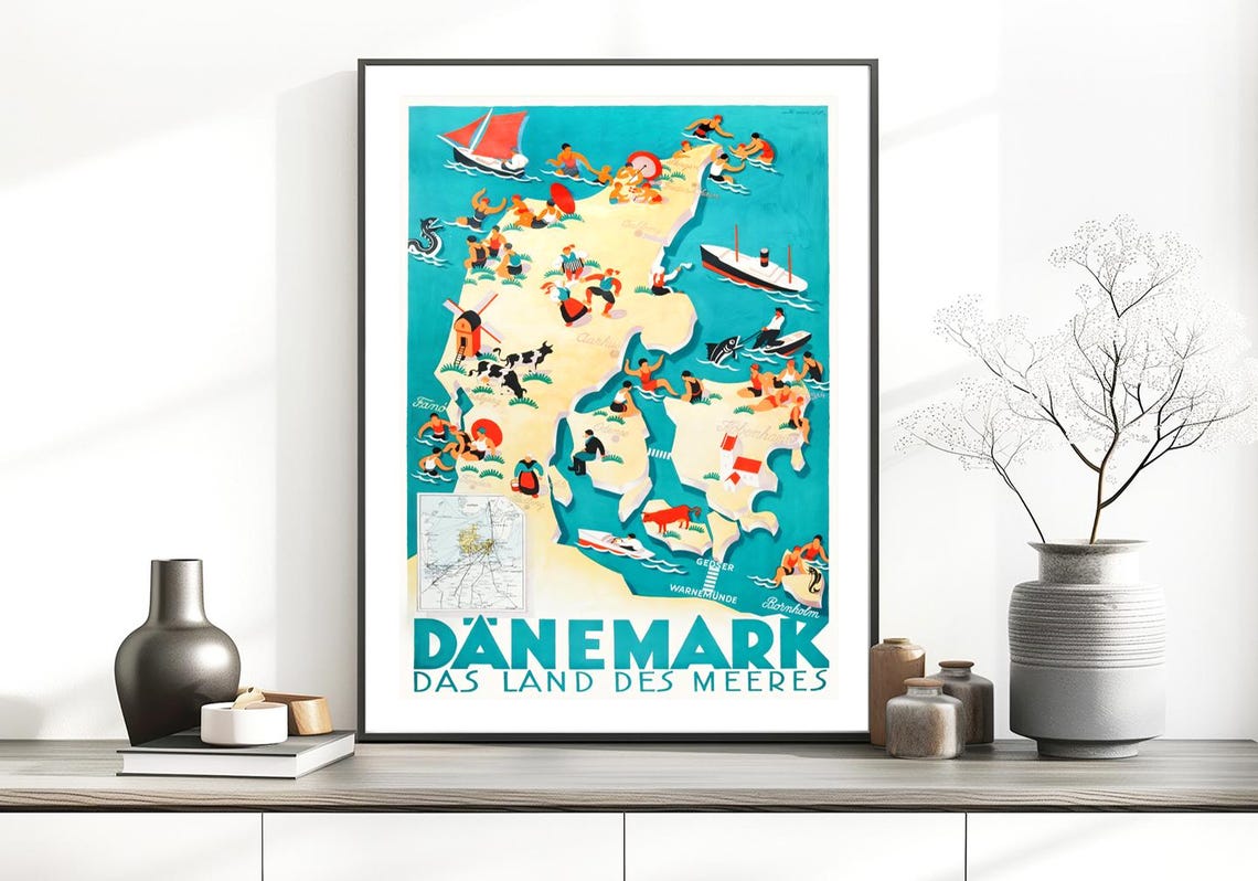 Danemark Das Land des Meeres Vintage Pictorial Denmark Map Poster - Image 2