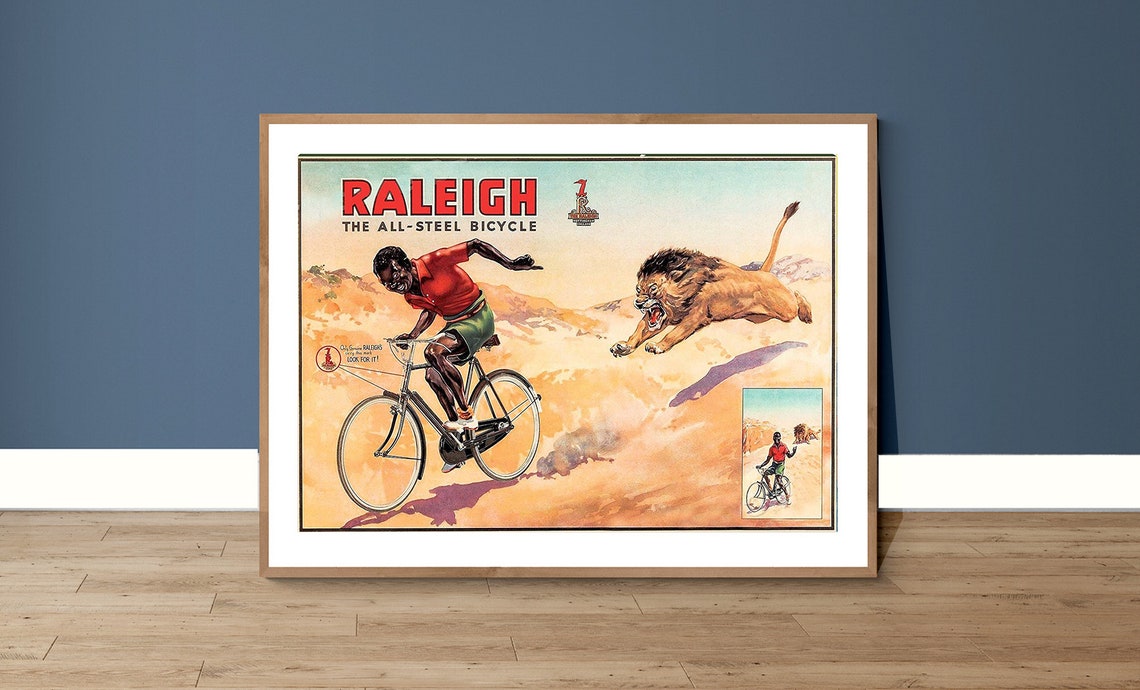 Raleigh All Steel Bicycle Desert Lion Chase Vintage Ad Poster