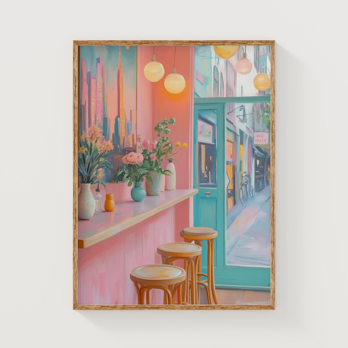 Pastel Café Interior, Cozy Coffee Shop Art Print