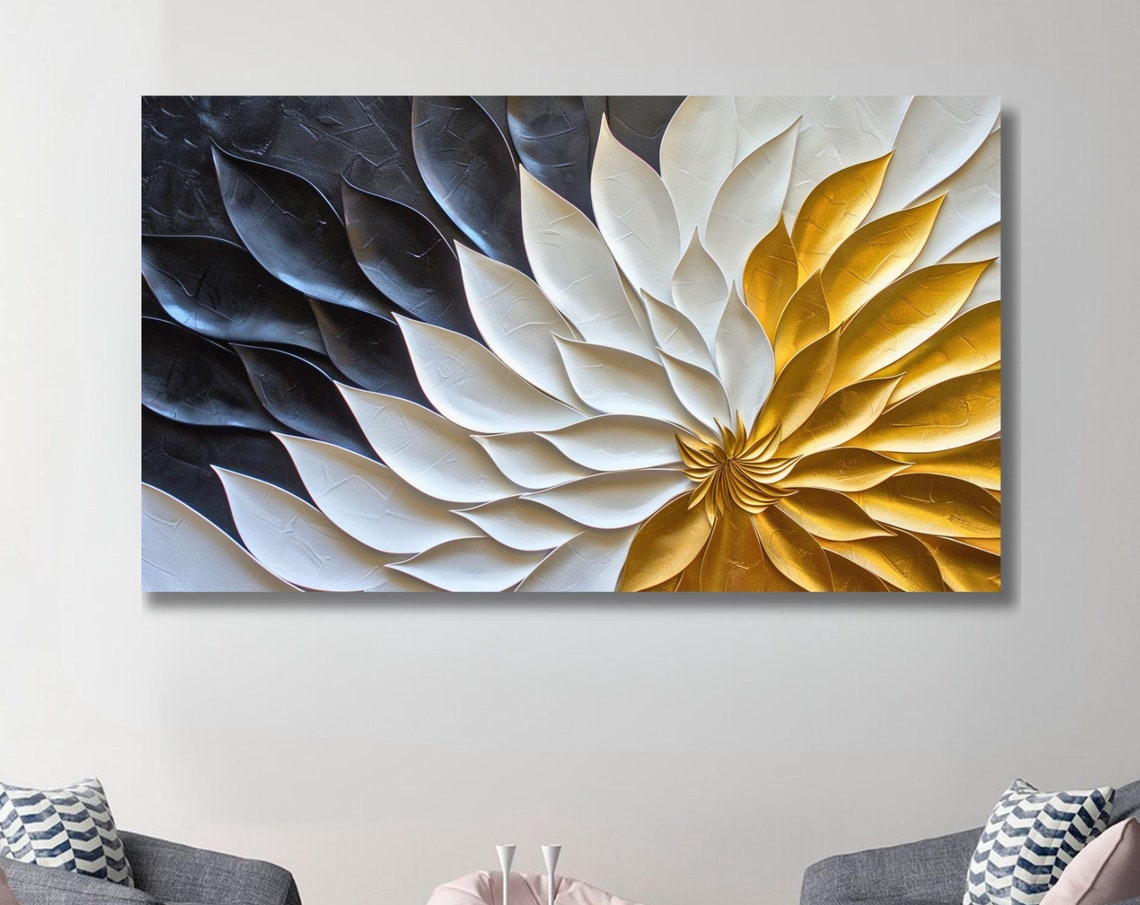 Black White Gold 3D Floral Abstract Textured Bloom Art Poster