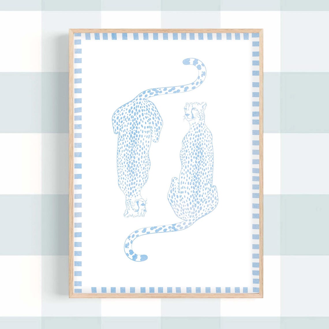 Light Blue Mirrored Cheetah Pair Preppy Striped Border Animal Poster