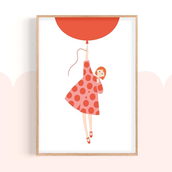 Little Girl Hanging On Red Balloon Polka Dot Dress Kids Poster