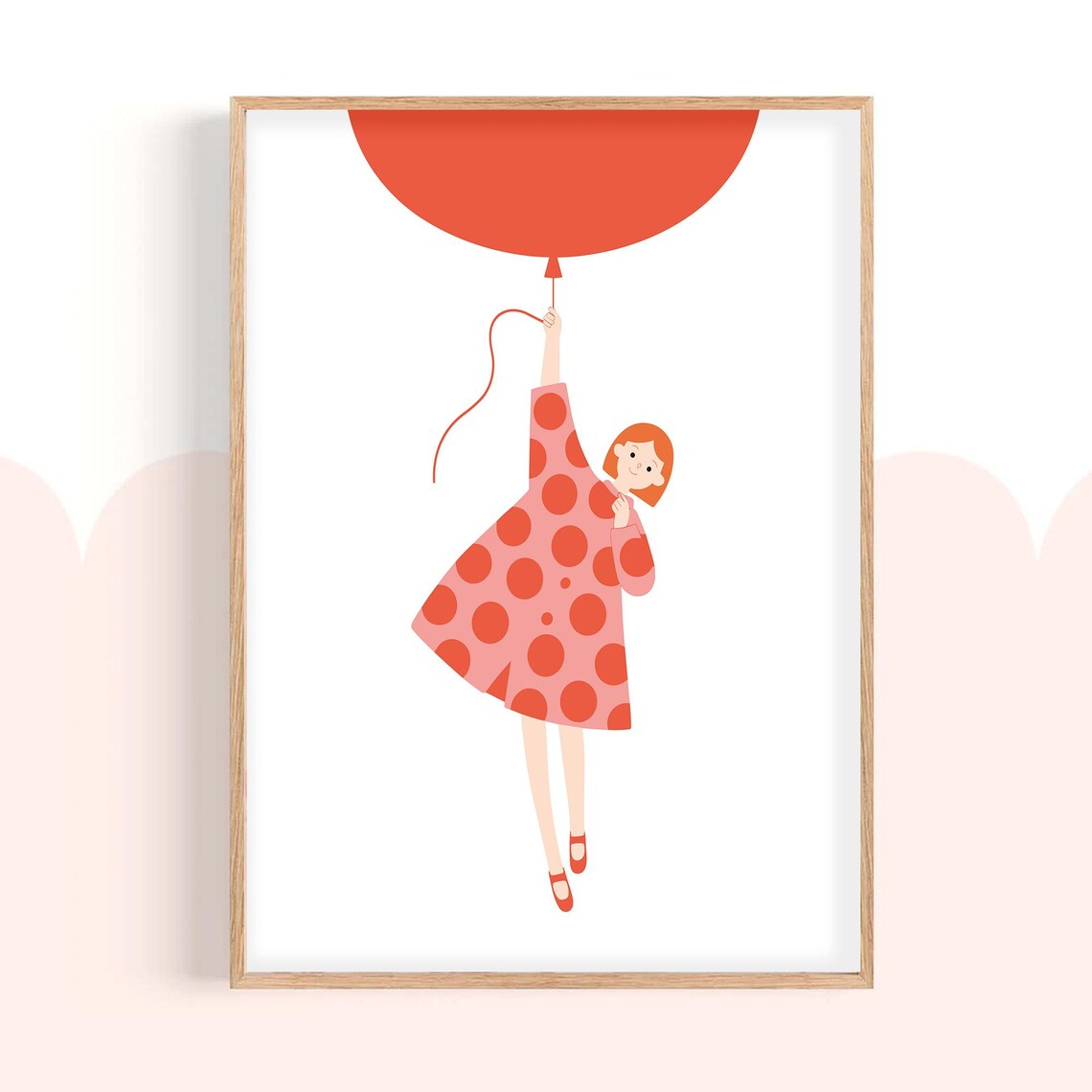 Little Girl Hanging On Red Balloon Polka Dot Dress Kids Poster