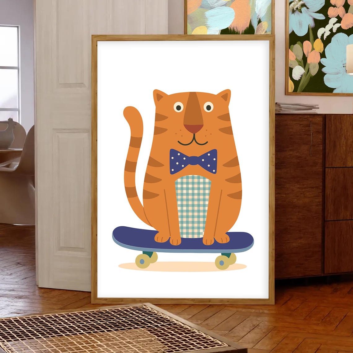 Cute Orange Tiger with a Bow Tie Riding a Skateboard Nursery Poster