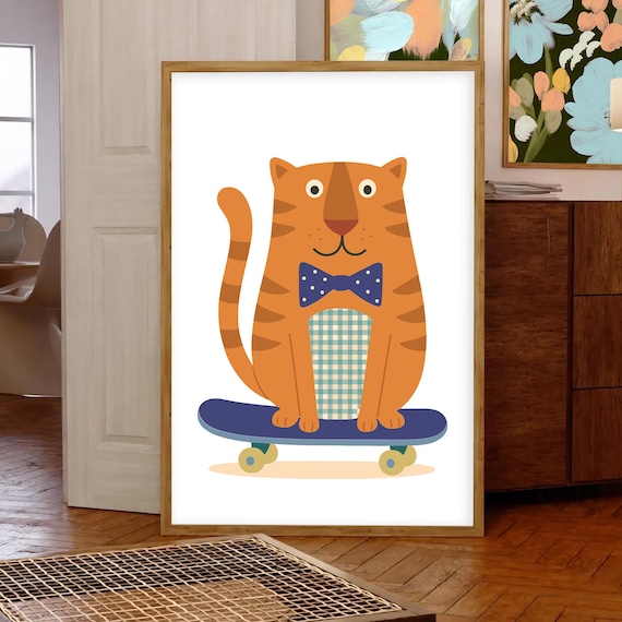 Cute Orange Tiger with a Bow Tie Riding a Skateboard Nursery Poster