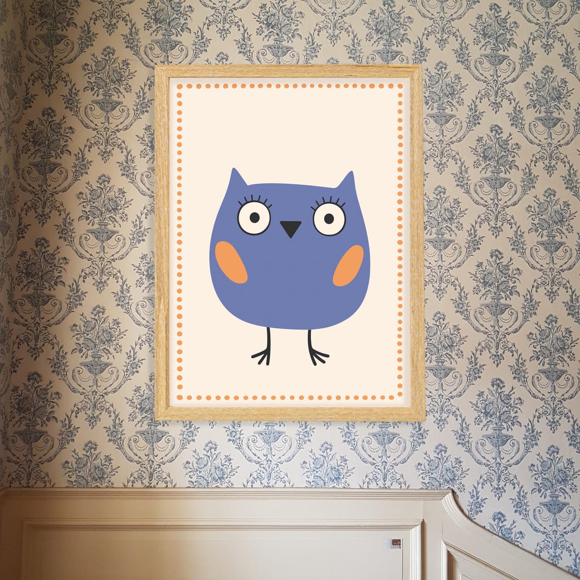 Adorable Blue Owl Cartoon with Orange Wings Kids Room Poster