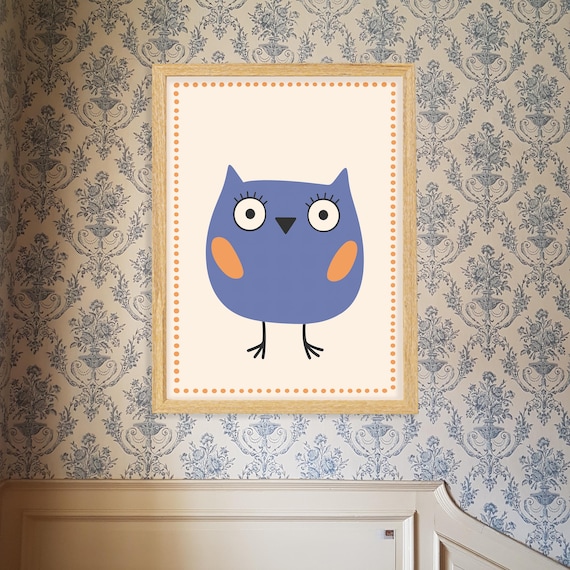 Adorable Blue Owl Cartoon with Orange Wings Kids Room Poster