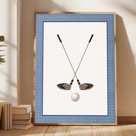 Vintage Crossed Golf Clubs Navy Grid Sports Boys Room Decor Poster