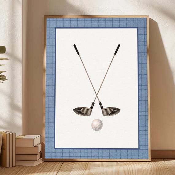 Vintage Golf Clubs Navy Blue Print Retro Sports Nursery Decor