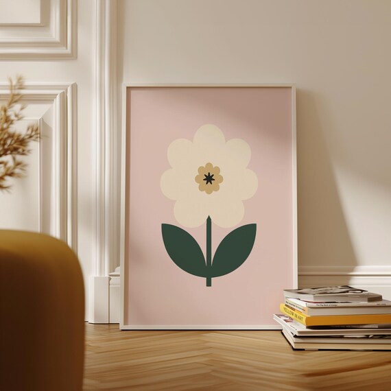 Cream Daisy Flower Pink Background Retro Botanical Art Poster