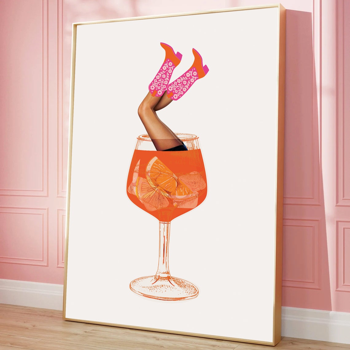 Aperol Spritz Pink Cowboy Boots Retro Cocktail Trendy Bar Wall Poster