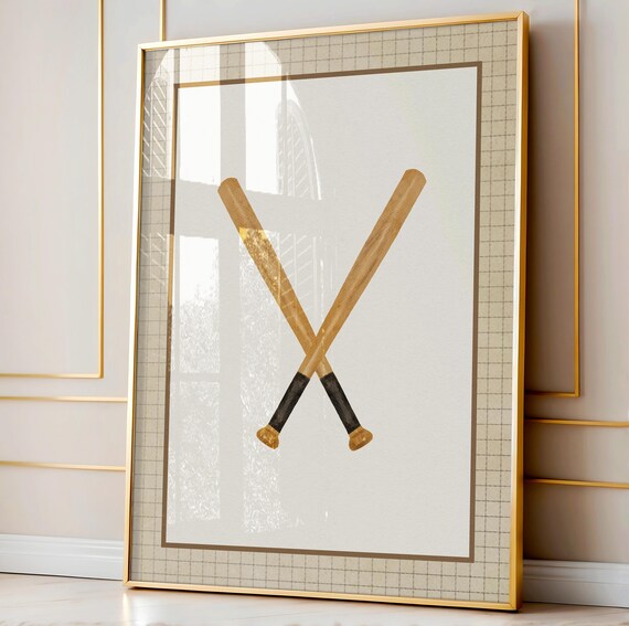 Two Crossed Vintage Wooden Baseball Bats Watercolor Sports Poster