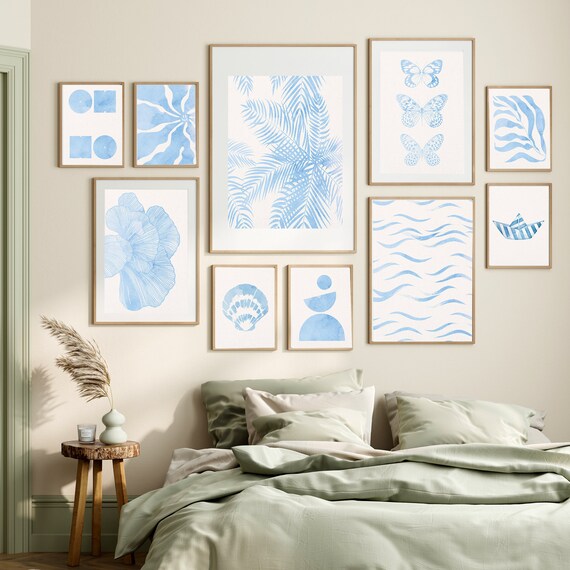 Blue Coastal Gallery Set Palm Waves Shell Butterflies Poster