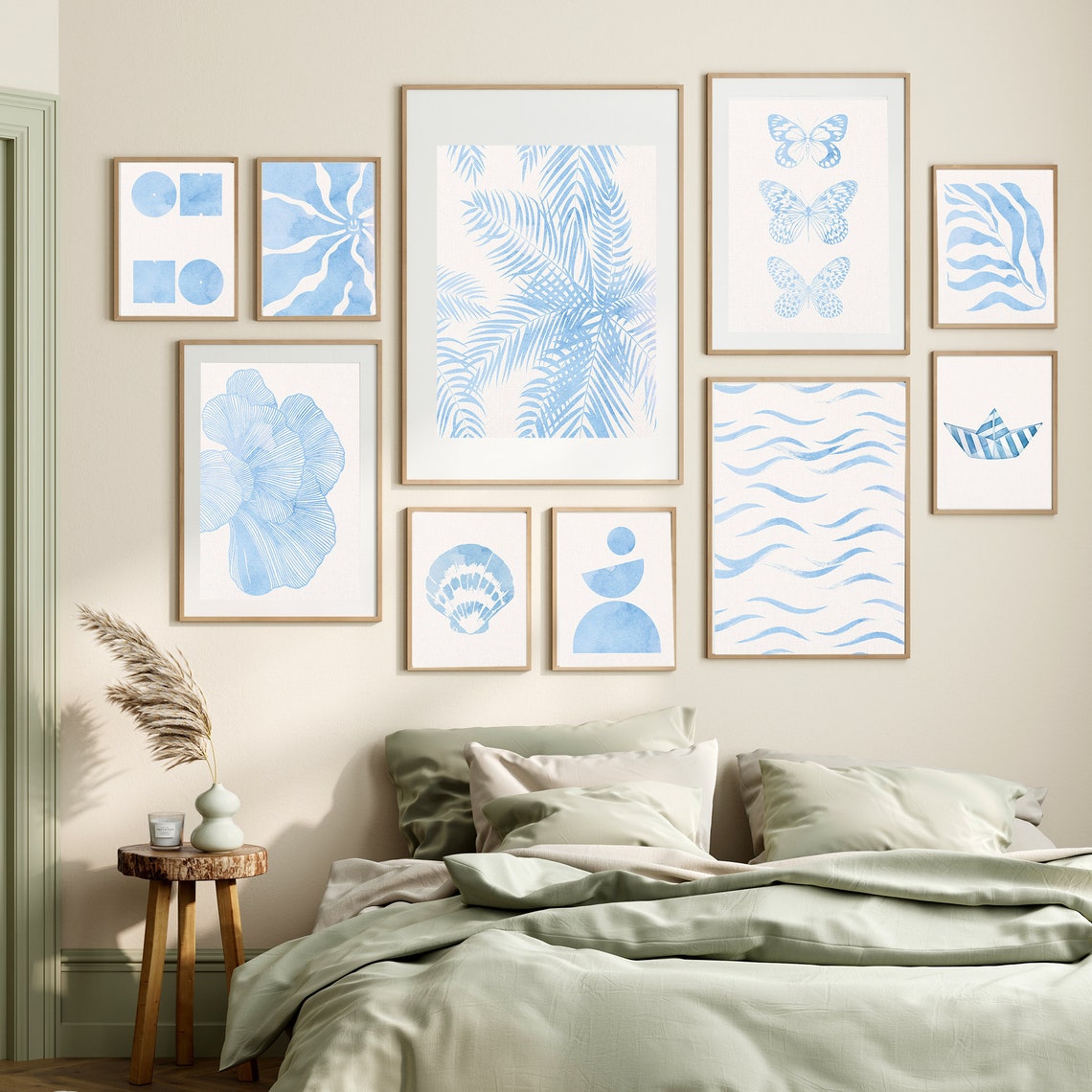 Blue Coastal Gallery Set Palm Waves Shell Butterflies Poster