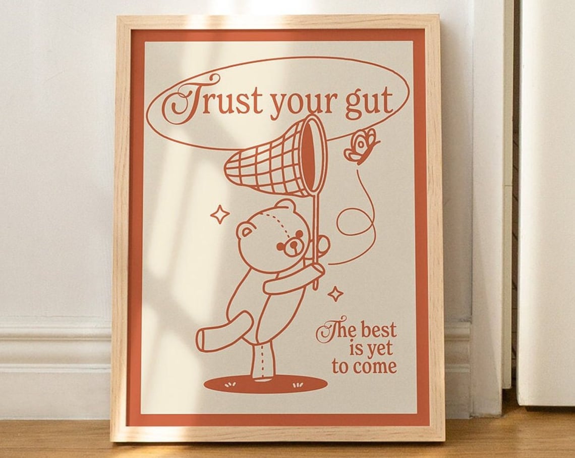 Trust Your Gut Bear Butterfly Net Print Retro Green Positive Wall Art Poster - Image 3