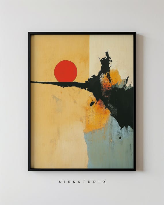 Abstract Expressionist Art Bold Sunset Painting Modern Red Sun Statement Wall Decor Minimalist Contemporary Artwork