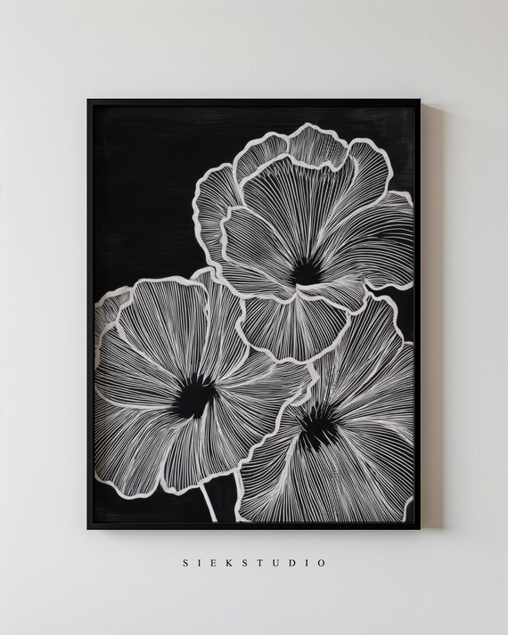Modern Botanical Line Art Minimalist Floral Drawing Black And White Flower Contemporary Wall Artwork For Living Room Decor 126