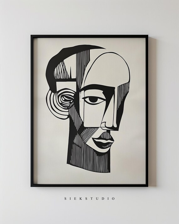 Abstract Cubist Face Portrait Black and White Line Art Poster