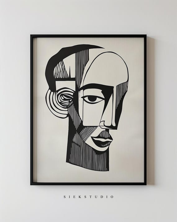 Abstract Cubist Face Portrait Wall Art Black And White Modern Line Geometric Contemporary For Home Or Office Decor