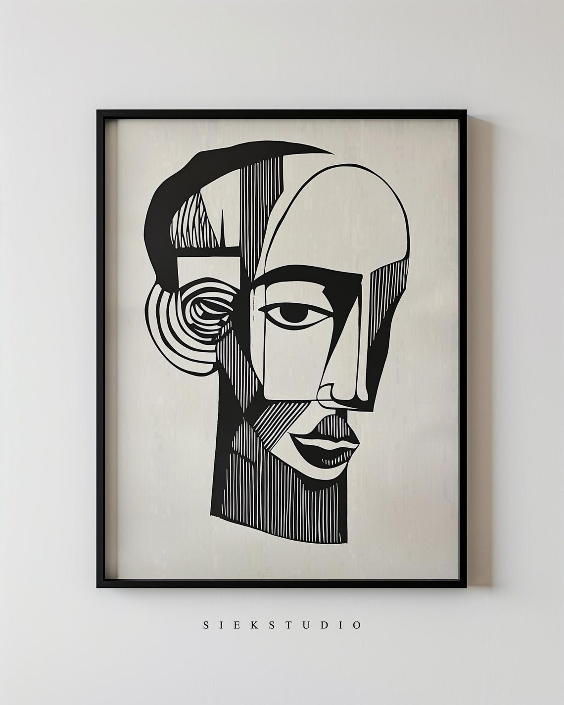 Abstract Cubist Face Portrait Black and White Line Art Poster