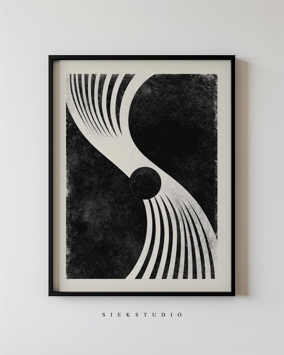 Abstract Black And White Geometric Wave Sphere Minimalist Art Poster