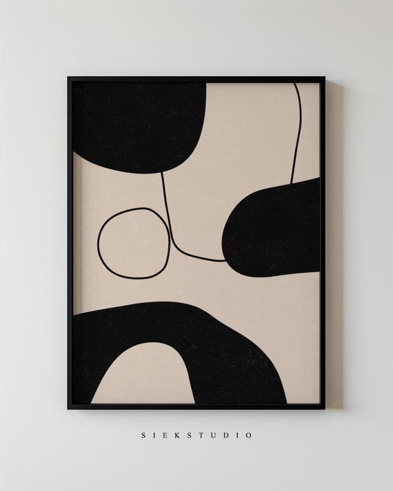 Abstract Shapes Organic Wall Art Minimalist Beige Black Form Neutral Line Decor Modern Curves Contemporary