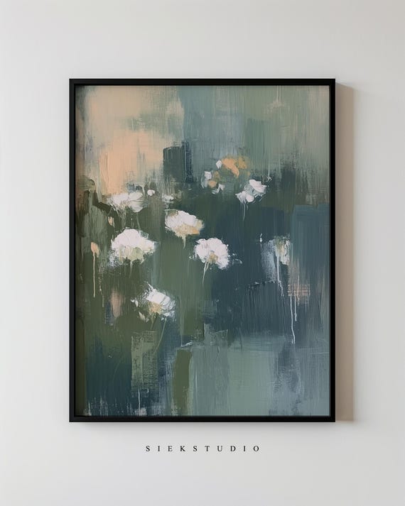 Abstract Botanical Wall Art Impressionist Floral Spring Flowers Painting With Green And White Tones Nature Decor For Modern Homes