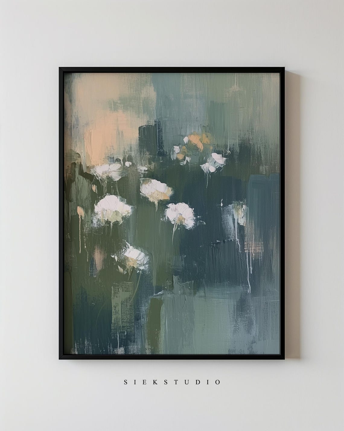 Abstract Impressionist White Flowers Dark Green Moody Floral Poster
