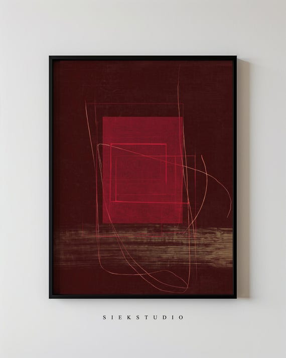 Modern Abstract Blocks Geometric Line Drawing Minimalist Burgundy Red Wall Art Contemporary Neutral Home Decor 176