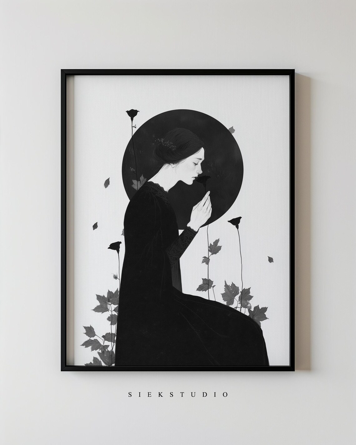 Gothic Woman Black Halo Floral Moon Dark Academia Portrait Wall Art