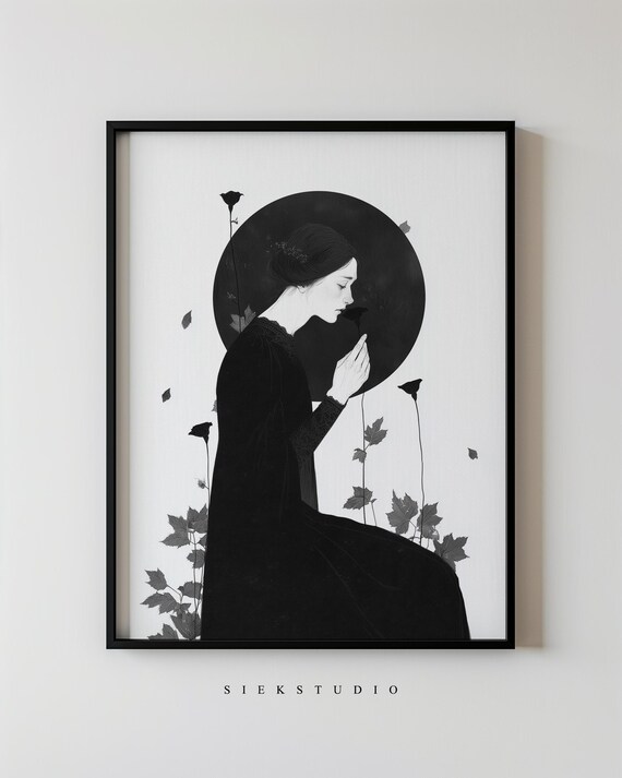 Gothic Woman Portrait Art Nouveau Dark Academia Floral Wall Decor Victorian Mourning Black And White