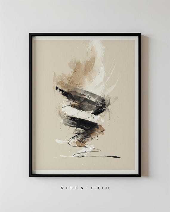 Abstract Black And Tan Modern Wall Art Minimalist Artwork Swirling Brushstroke Neutral Decor