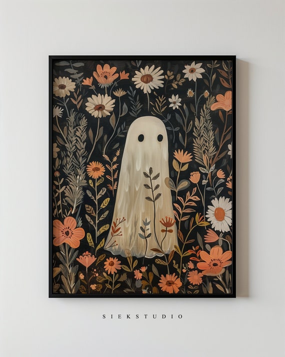 In Floral Autumn Colors Garden Art Halloween Wall Spooky Botanical Decor Cute Painting Fall Illustration