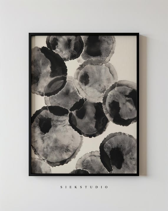 Minimalist Abstract Shapes Mushroom Circle Paint Splatter Modern Black Gray Geometric Contemporary Wall Art For Living Room 115