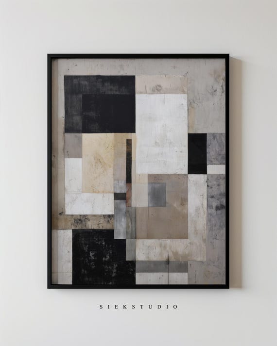Modern Geometric Abstract Blocks Shapes Art Black White And Beige Wall Minimalist Grid Contemporary Architectural Home Decor 69