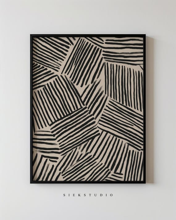 Minimalist Abstract Bold Line Drawing Modern Black Stripes On Beige Geometric Pattern Art Contemporary Wall Living Room Decor 136