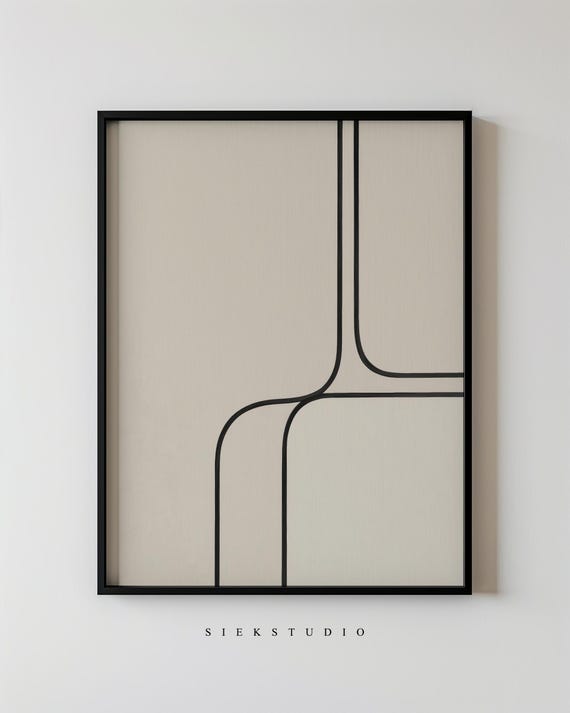 Geometric Abstract Line Art Modern Minimalist Wall Black On Beige Composition Neutral Contemporary Simple Decor Drawing 46