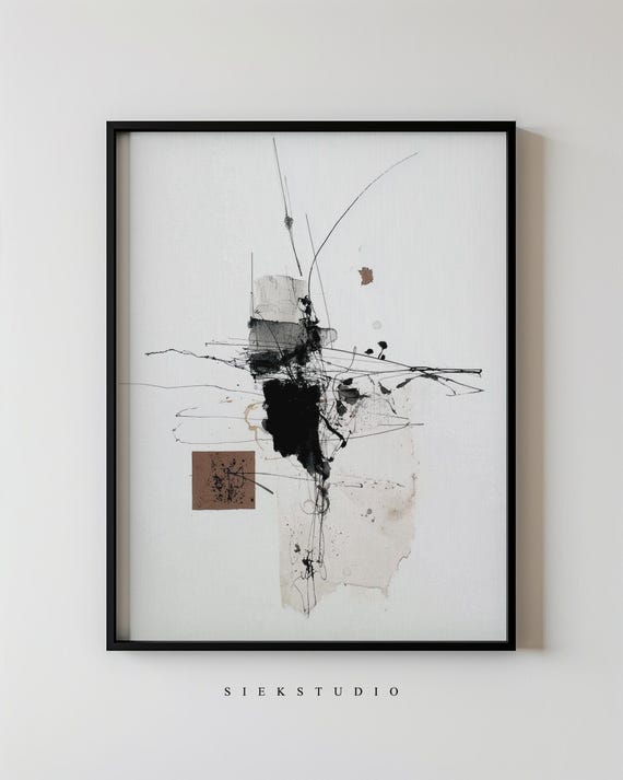 Modern Abstract Collage Art Black Ink And Paper Artwork Minimalist Mixed Media Wall Expressionist Neutral Contemporary Decor