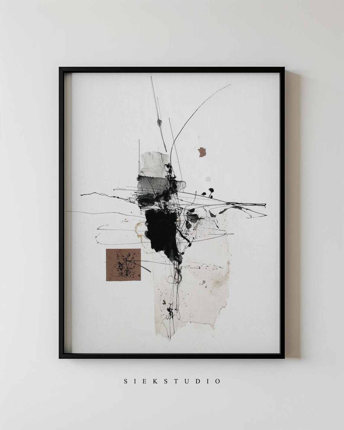 Modern Abstract Black Ink Line Drawing Wabi Sabi Beige Paper Style Poster