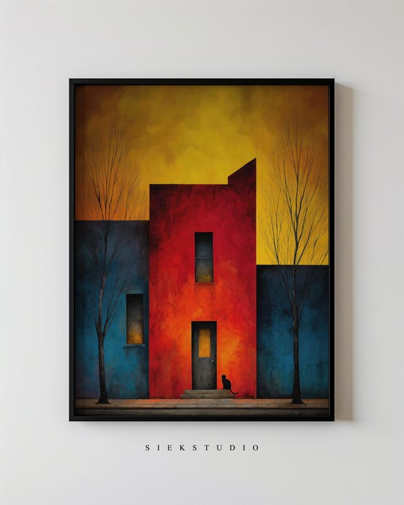 Black Cat Red House Modern City Street Painting Wall Art Gift