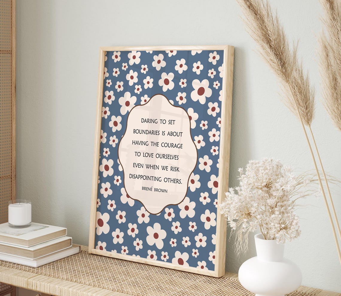 Brene Brown Boundaries Quote Retro Blue Daisy Pattern Poster - Image 2