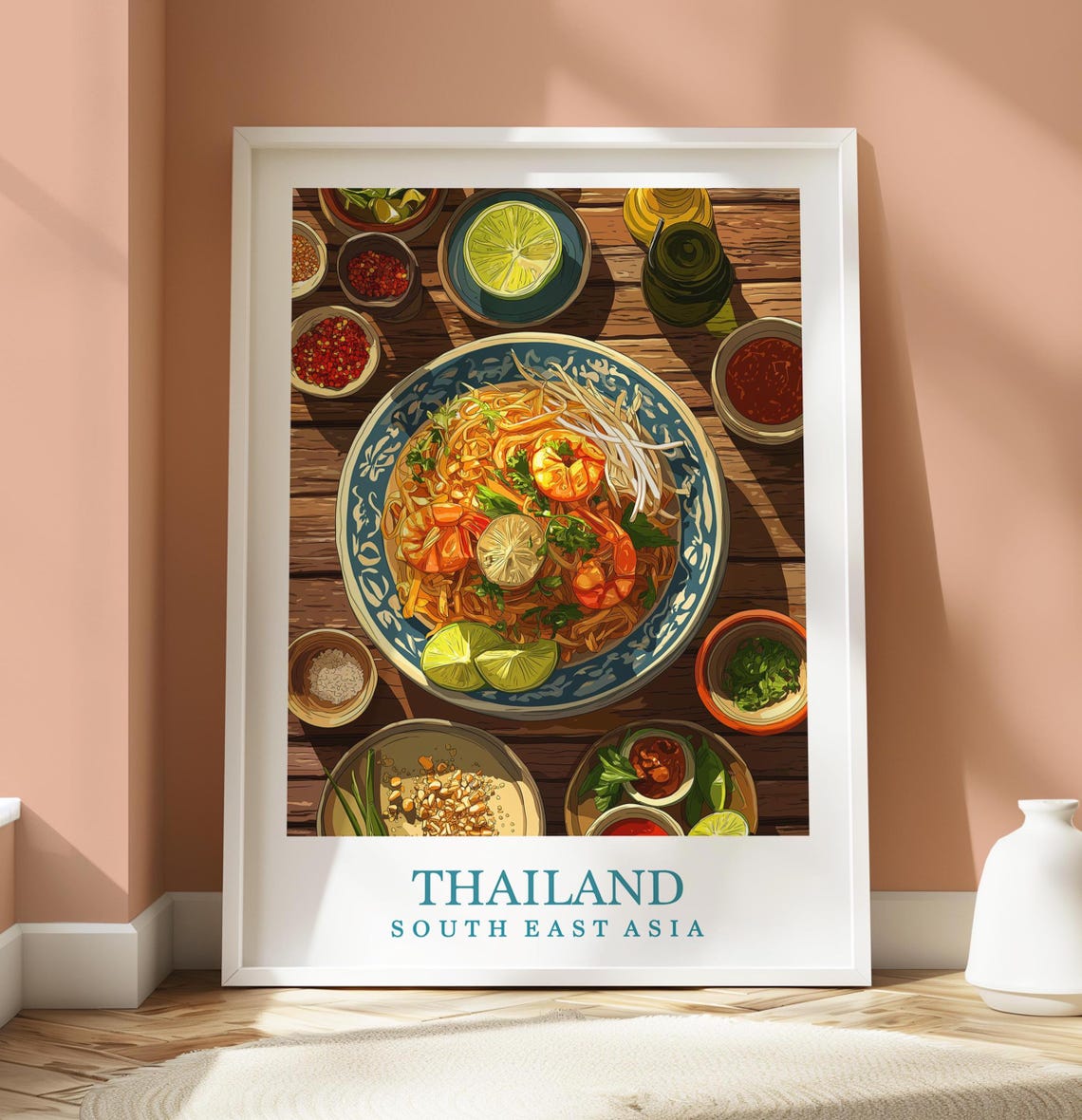 Thailand Pad Thai Shrimp Noodle Bowl Top Down Food Art Poster