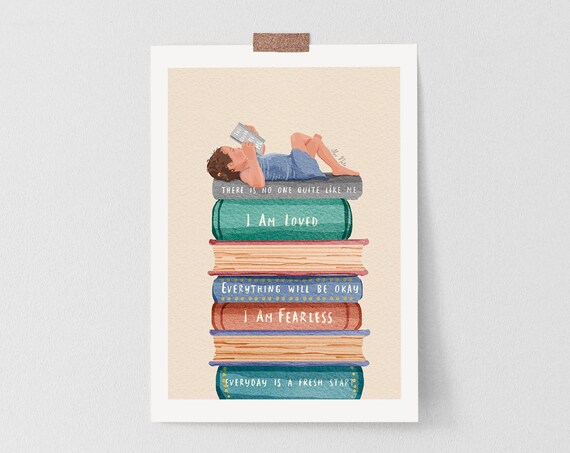 Child Reading on a Stack of Affirmation Books Positive Poster