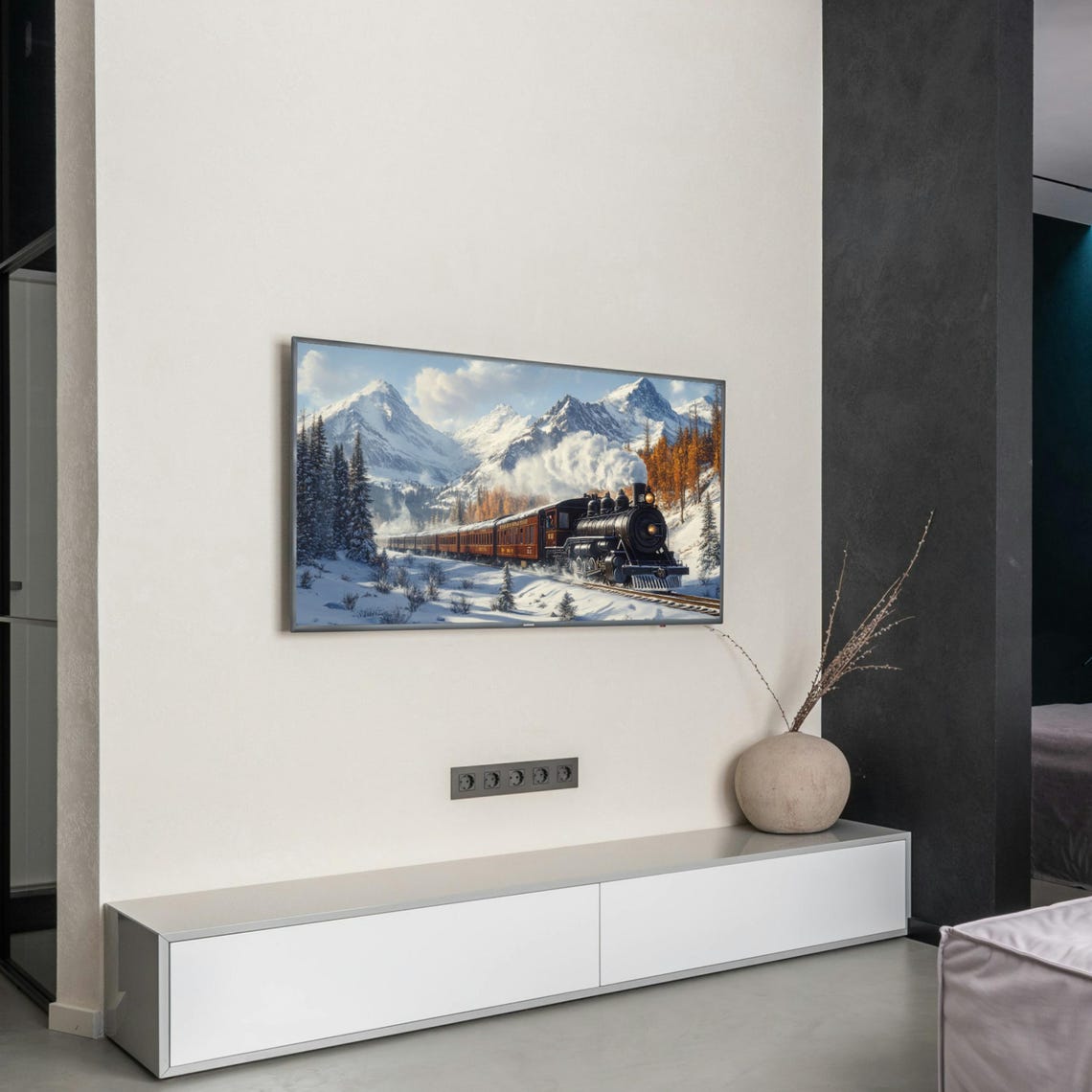 Steam Train Snowy Mountains Golden Larches Wide Winter Art Print - Image 3