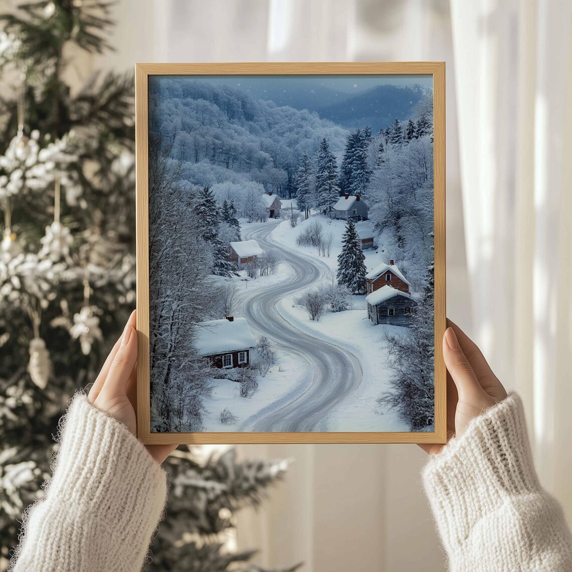 Winter Wall Art Neutral Christmas Decor Vintage Winter Landscape Print Snowy Village Painting Farmhouse Holiday Wall Art - Image 3