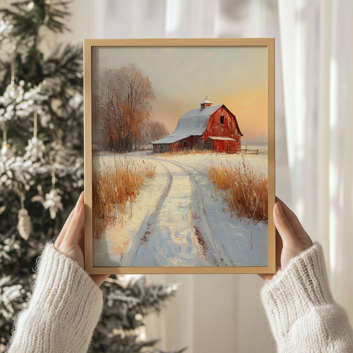 Red Barn Snowy Winter Sunset Landscape Rustic Farmhouse Art Print - Image 3