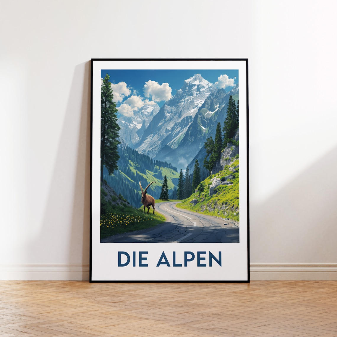 Die Alpen Alpine Road With Mountain Ibex Snow Peaks Germany Travel Poster