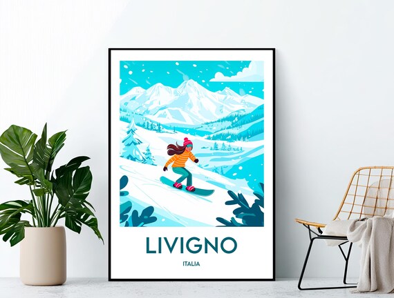 Livigno Italia Vintage Ski Resort Snowboard Poster with Woman on Slope
